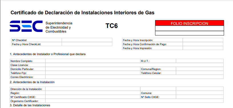 Certificado TC6 SEC para instalaciones interiores de gas