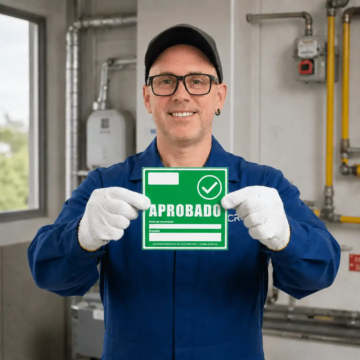 Esteban Sologuren colocando sello verde en una instalación de gas certificada SEC