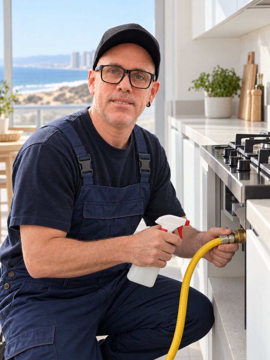 Ilustración de Esteban Sologuren revisando una conexión de gas de cocina en Concón.